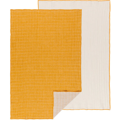 ochre double weave towels arranged overlapping on a white background.