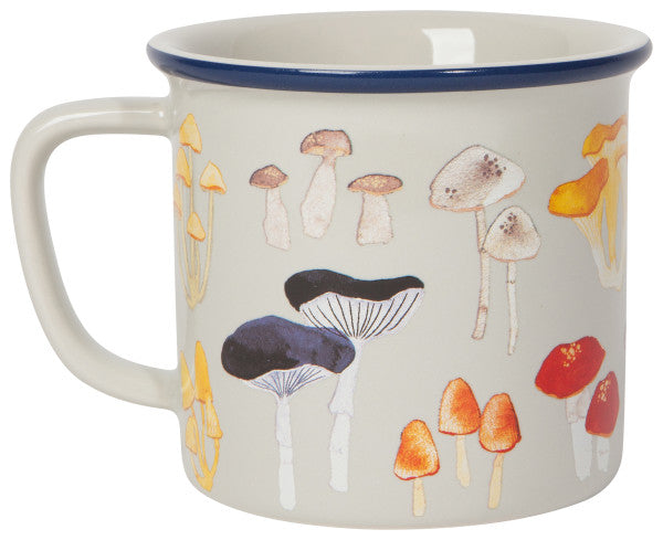 other side of field mushrooms heritage mug with a blue rim on a white background
