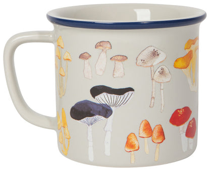 other side of field mushrooms heritage mug with a blue rim on a white background