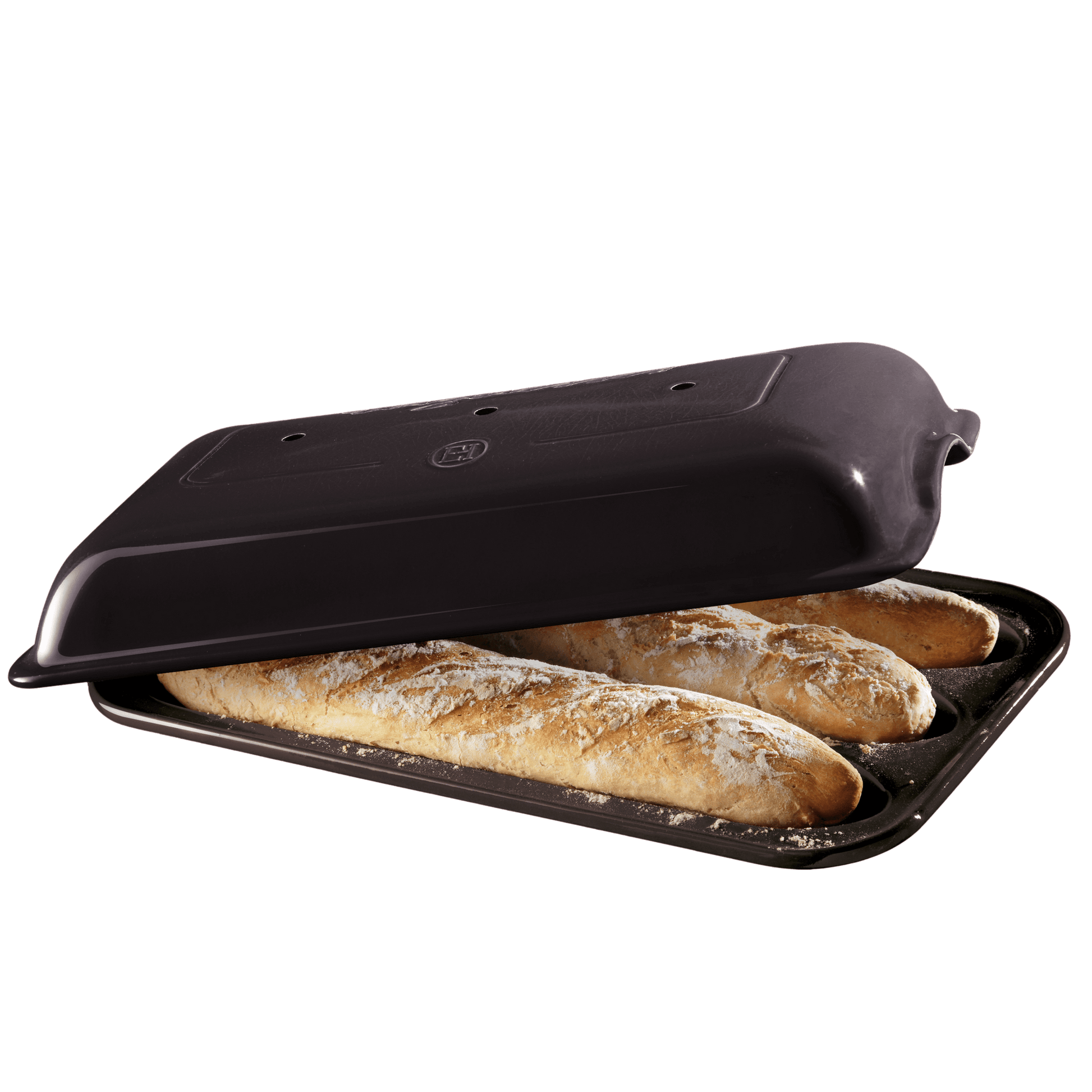 Baguette Baker filled with 3 baked baguettes and the lid set askew on it.