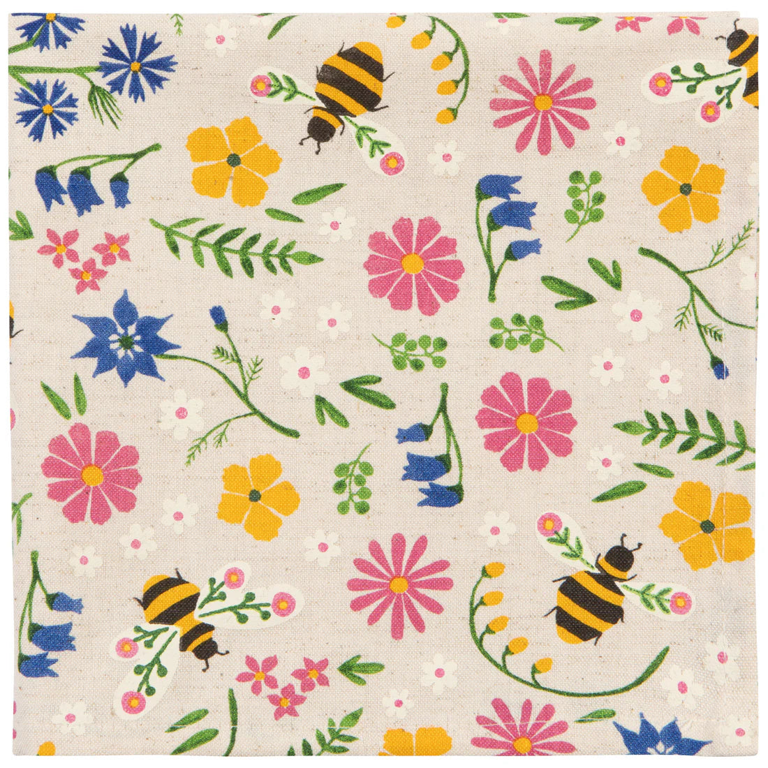 beige napkin with a pattern of colorful flowers and bees 
