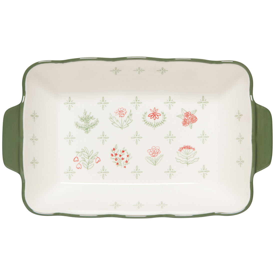 sage green and cream baker with pink florals