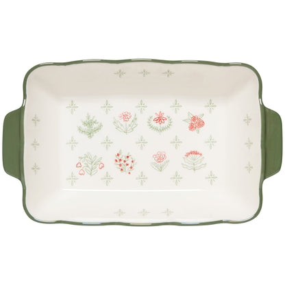 sage green and cream baker with pink florals