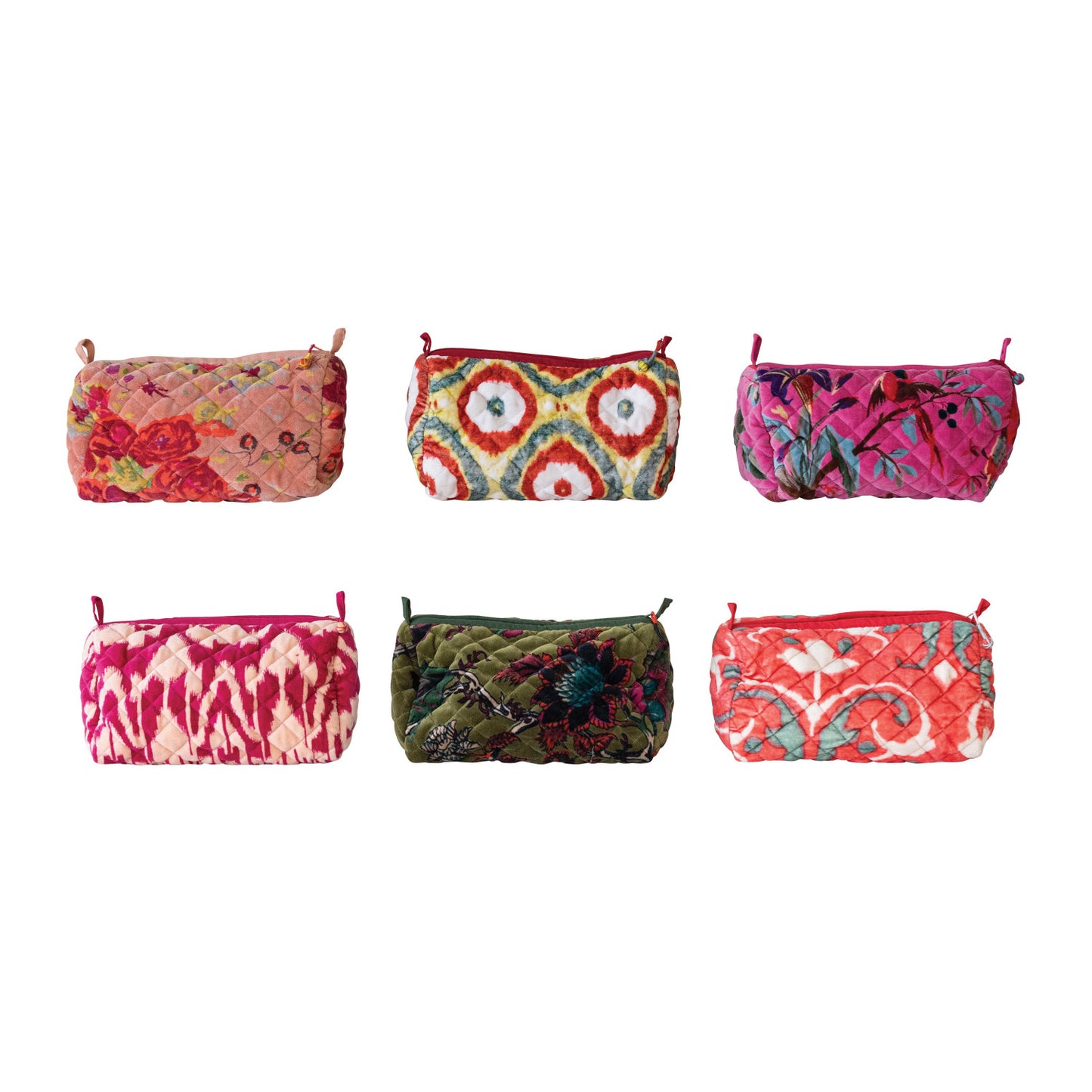 six assorted colorful fabric pouches with various patterns on a white background