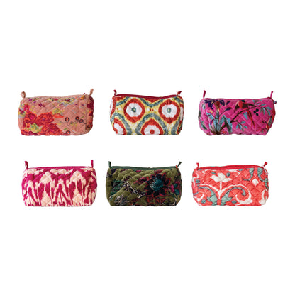 six assorted colorful fabric pouches with various patterns on a white background