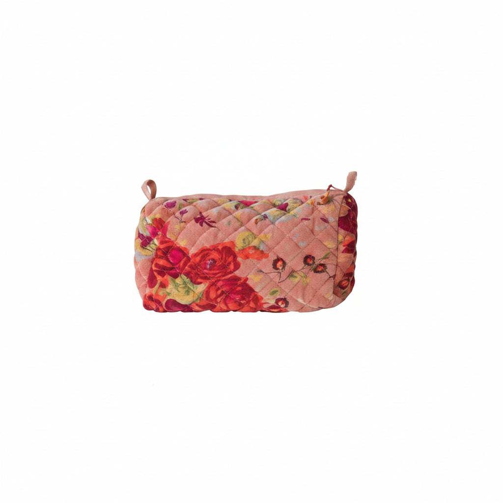 coral colored velvet zippered bag with floral design
