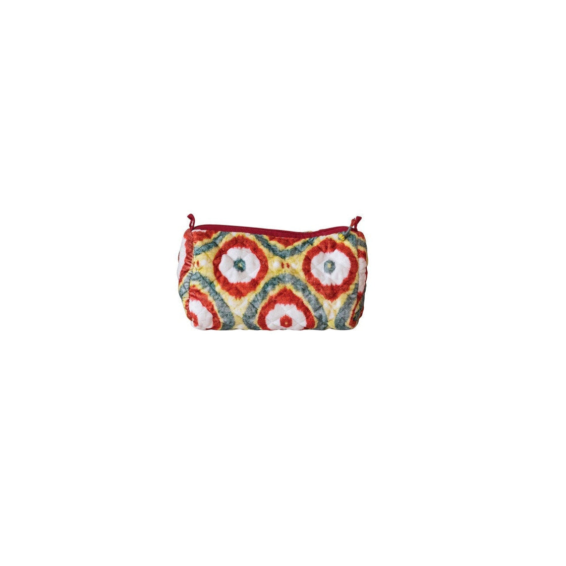 velvet zippered bag with yellow, red, and grey geometric pattern