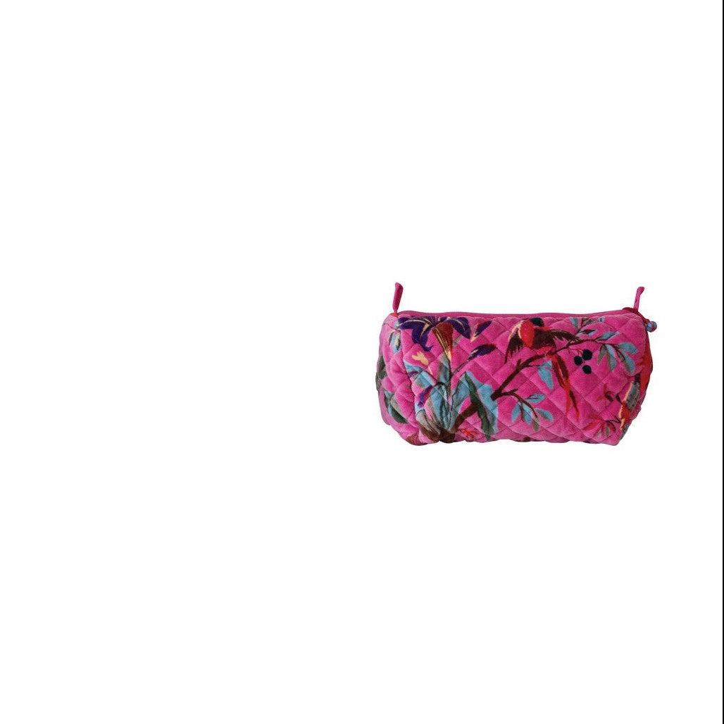 bright pink velvet zippered bag with floral design