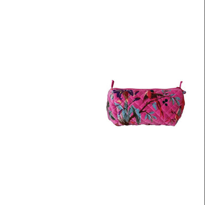 bright pink velvet zippered bag with floral design