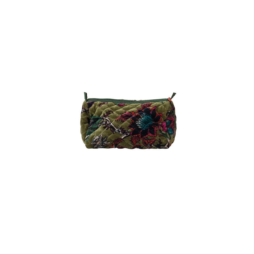 olive green velvet zippered bag with with botanical design
