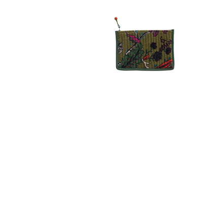 olive green velvet zippered bag with botanical design