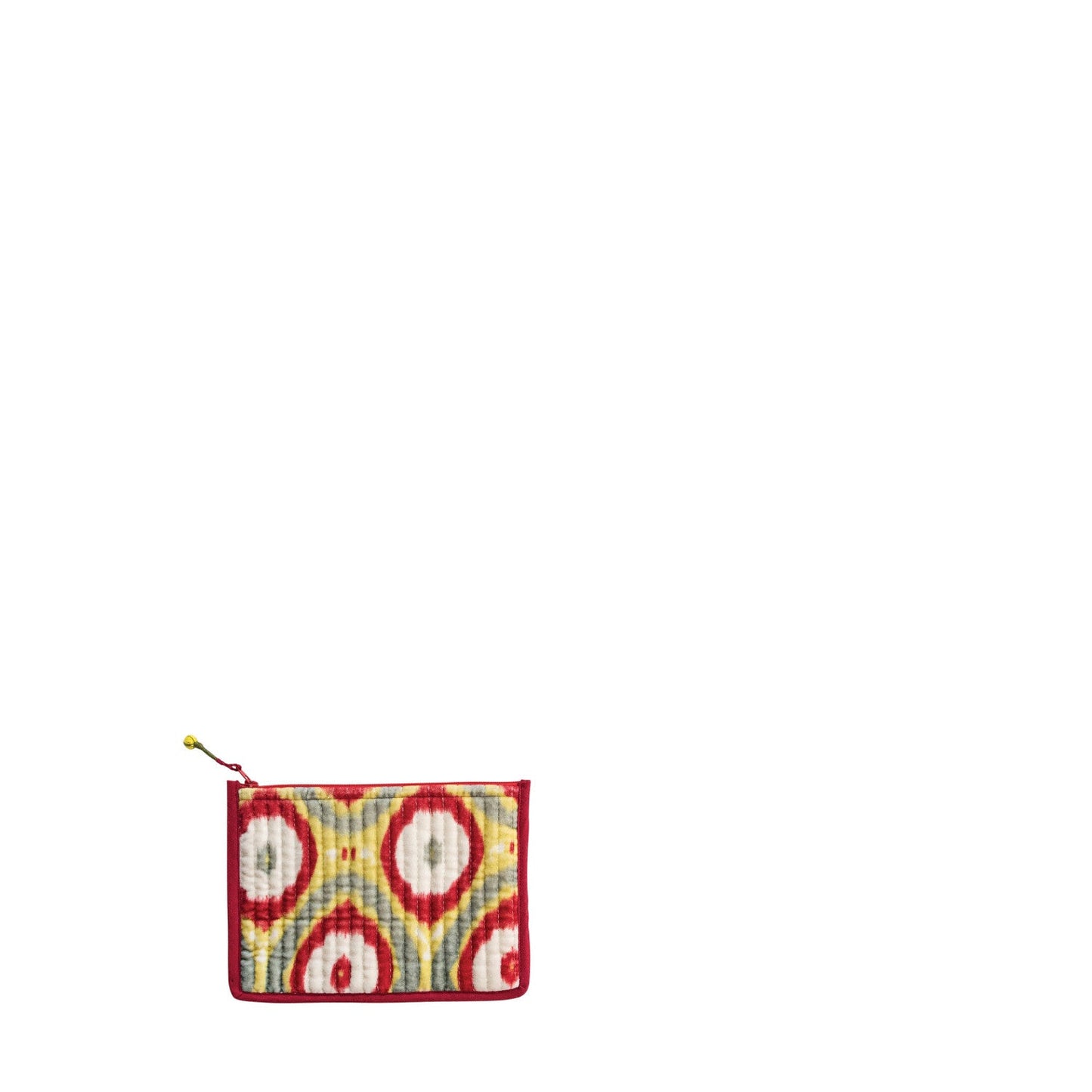 velvet zippered bag with with yellow, red, and grey geometric pattern