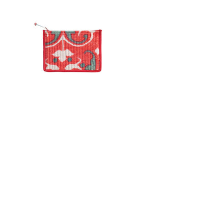 velvet zippered bag with coral, grey, and white swirled pattern