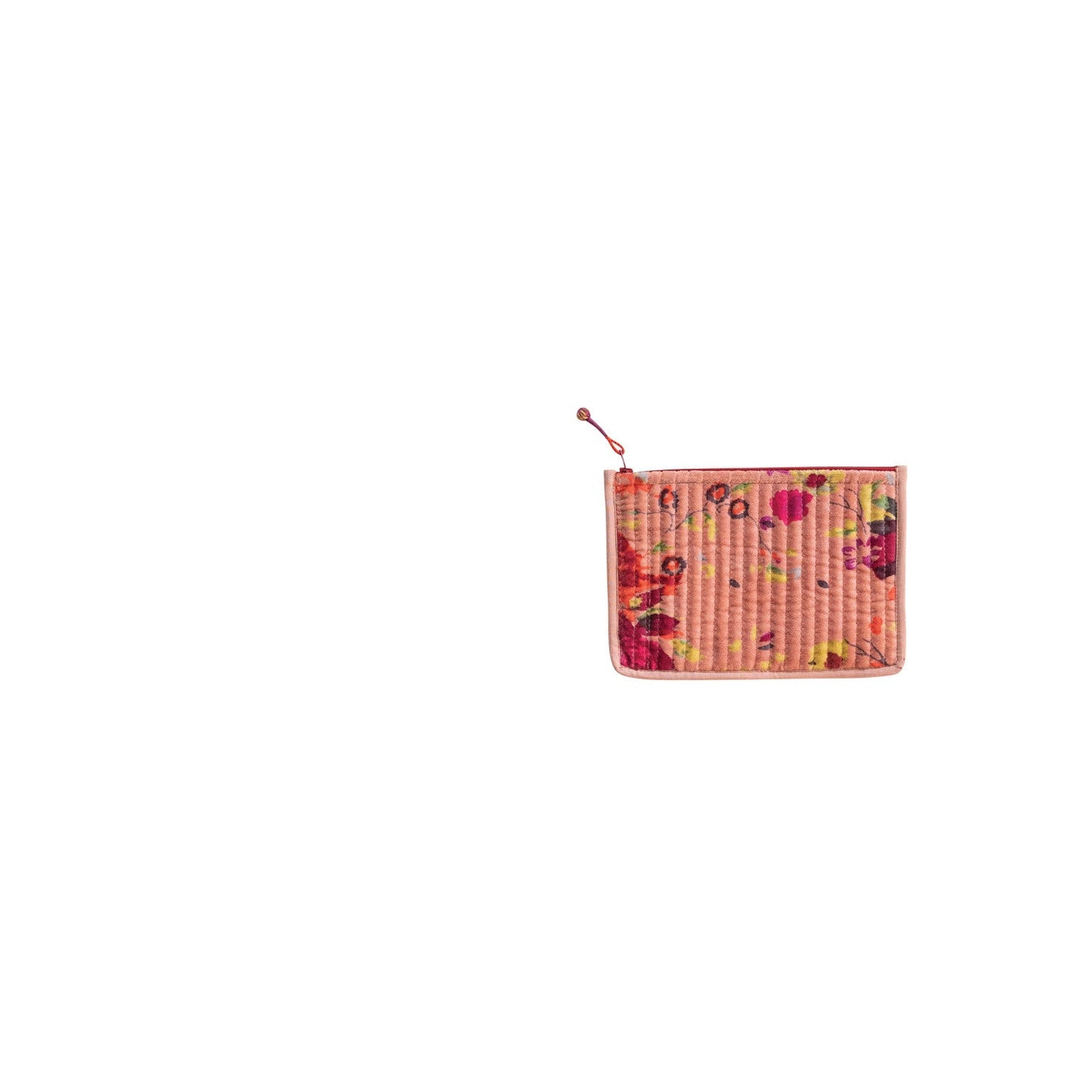 coral velvet zippered bag with with floral design