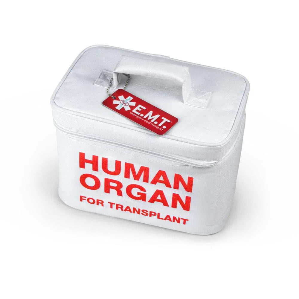 white insolated meal transport bag with "human organ for transport" printed on it in red.