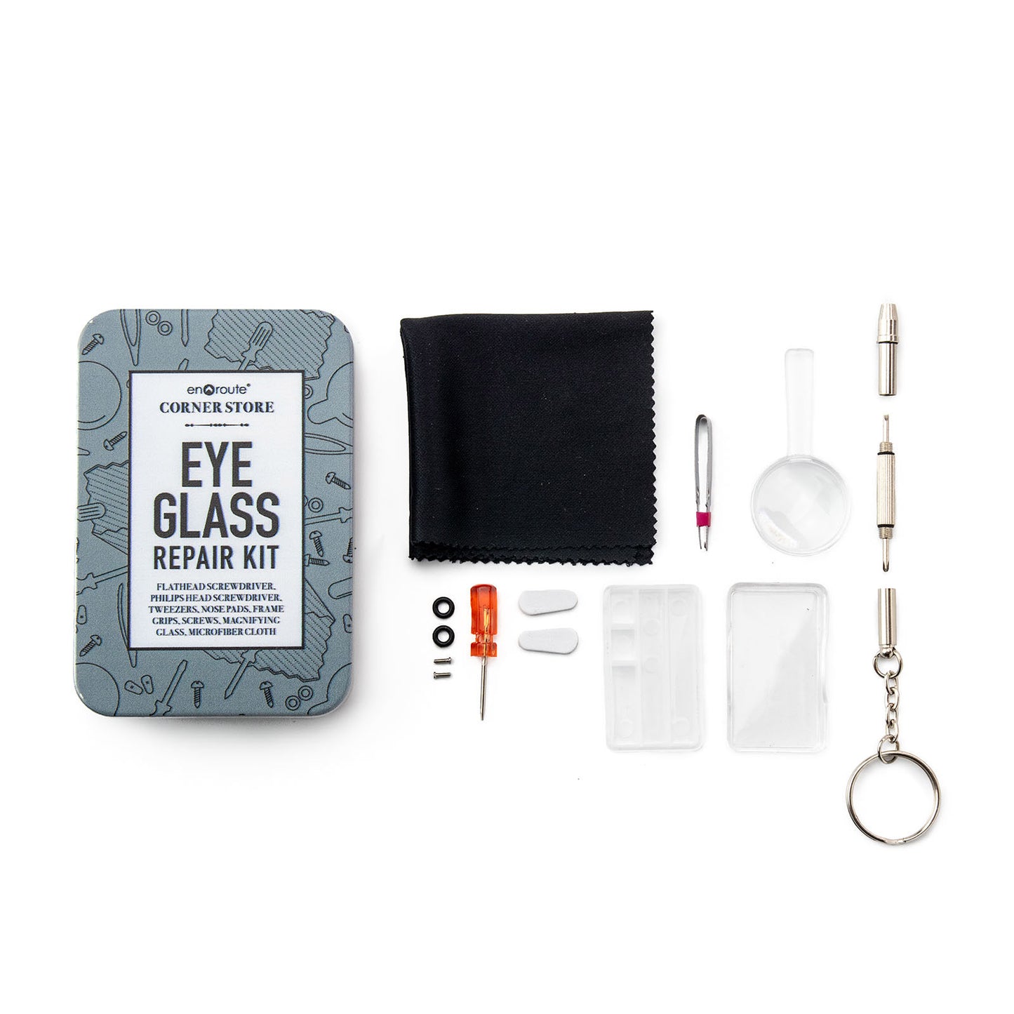 Corner Store Eyeglass Repair Kit with Tin displayed out of the tin on a white background