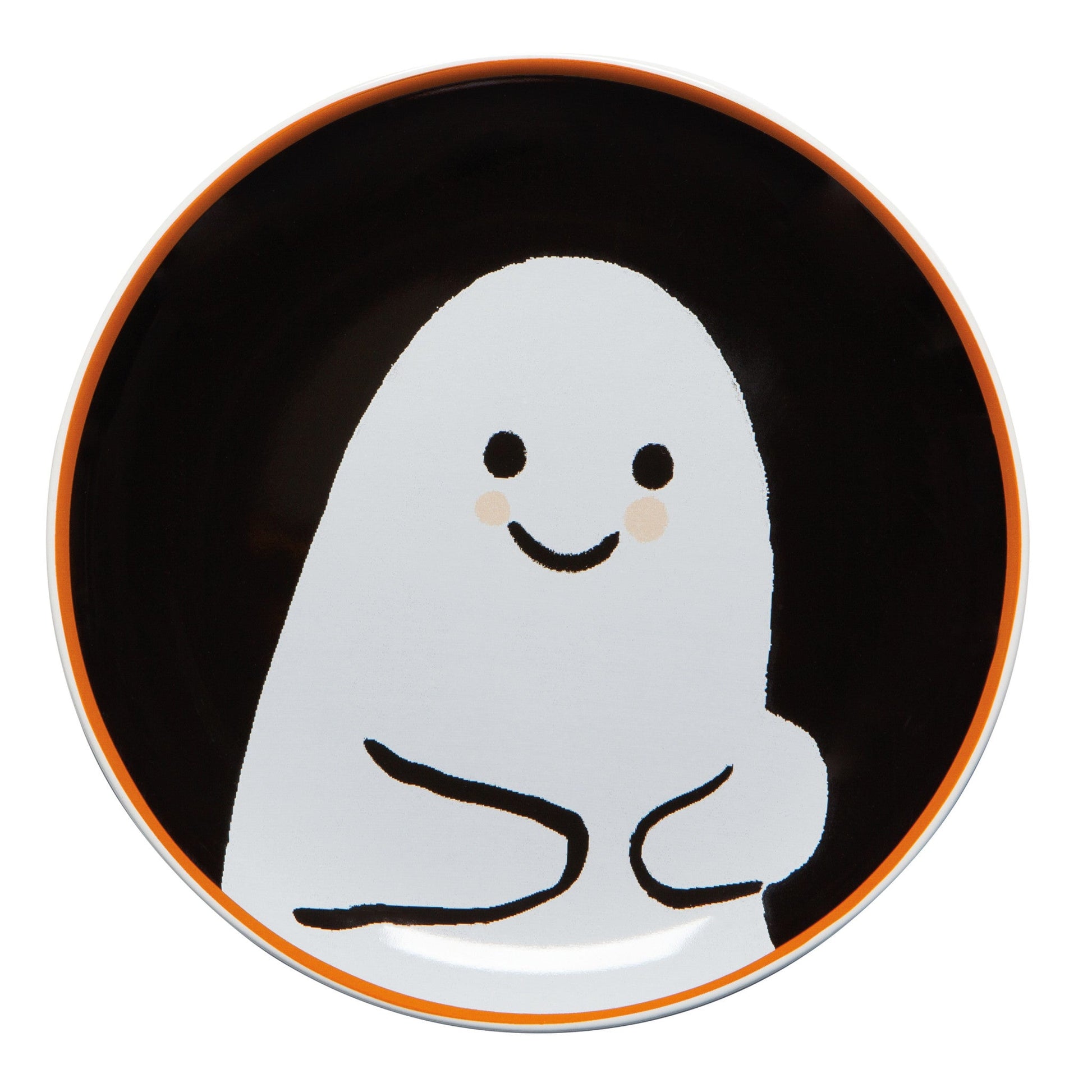 Black plate with a white ghost illustration
