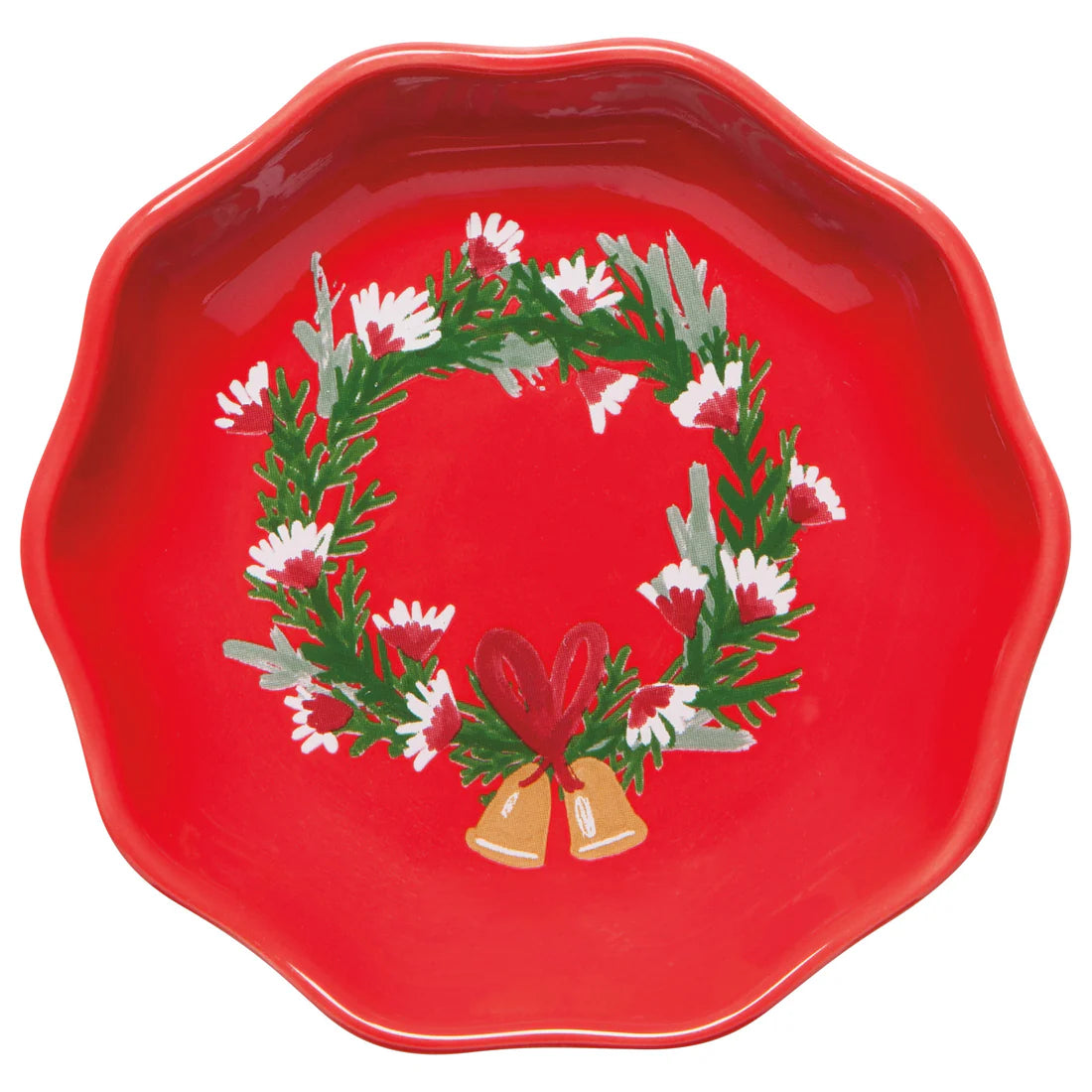 Red dish with wreath printed in the bottom of it. Wreath has two bells hanging on the bottom of it.