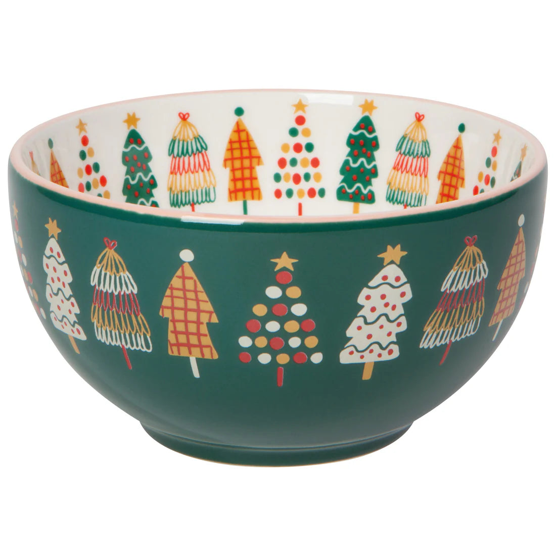 dark green bowl with colorful trees around the inner and outer perimeter.