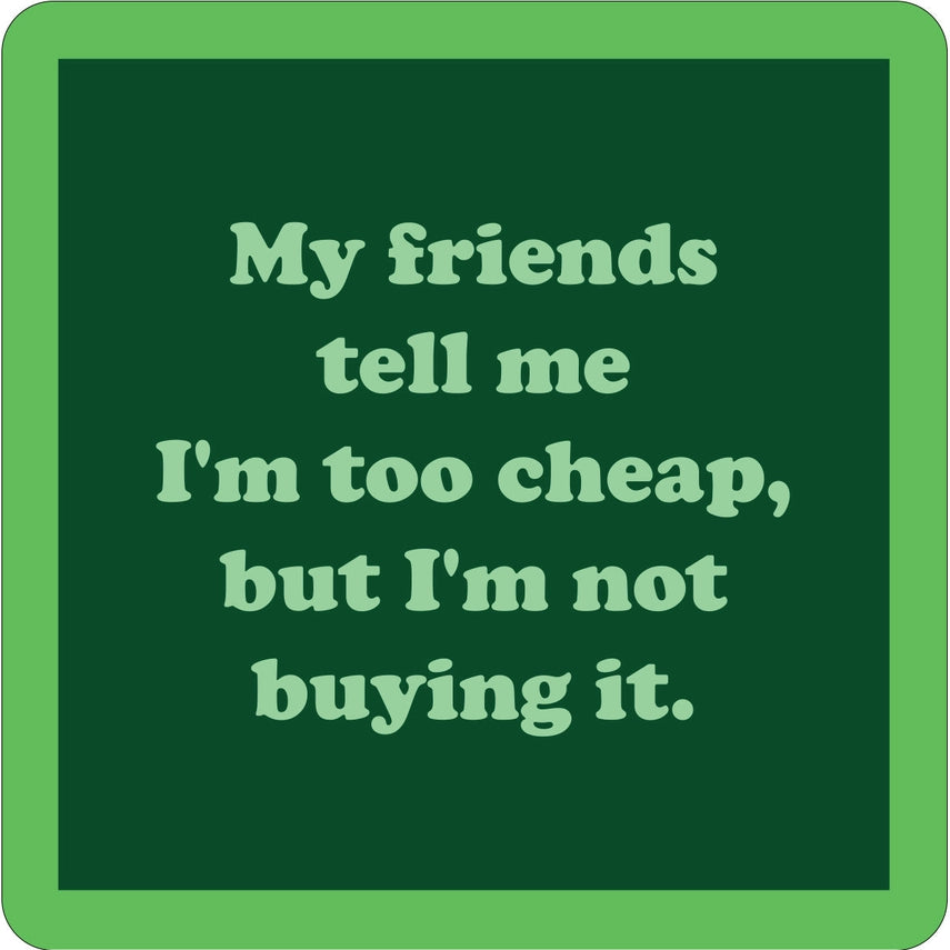 green bordered dark green coaster with light green lettering