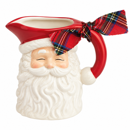 A Santa Claus-themed pitcher bud vase with a white sculpted beard and face, a red hat, and a red tartan bow on the brim, shown on a plain white background.