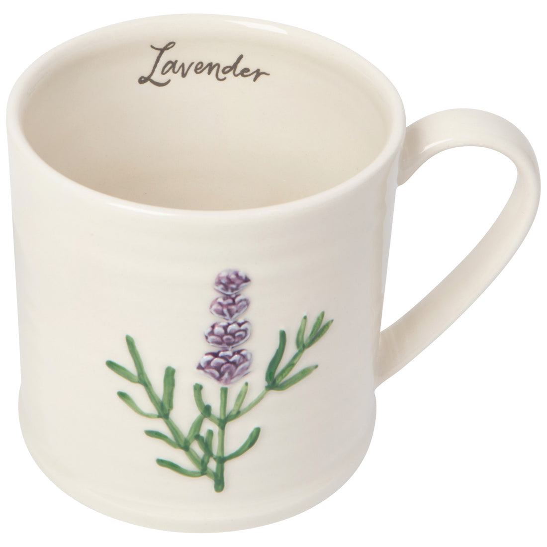lavender embossed mug with the word "lavender" written on the upper inside of the mug