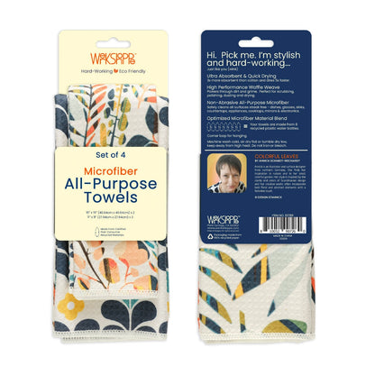 Front and back views of colorful leaves, all purpose towels in their card packaging.