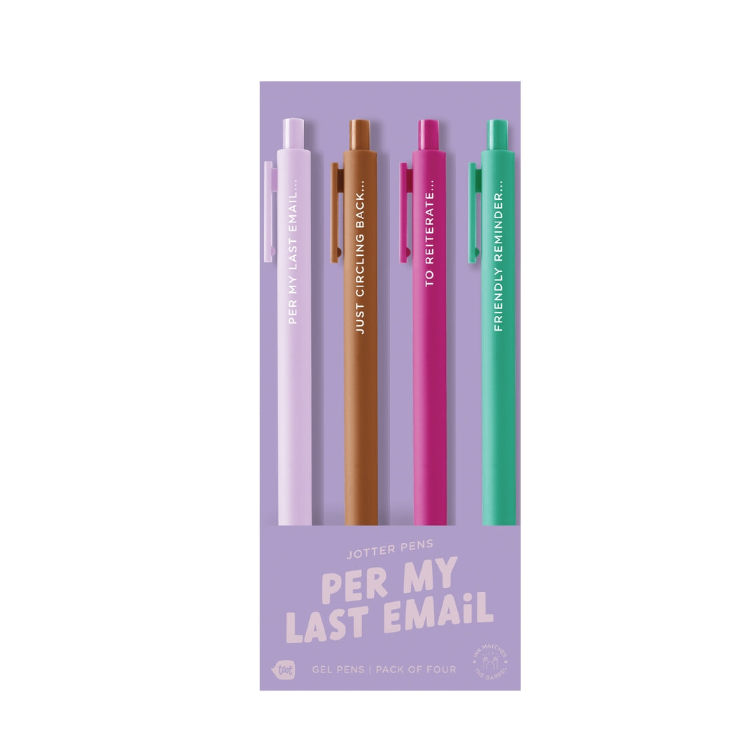 pink teal and brown pens with text "per my last email", "just circling back", to reiterate", "friendly reminder" printed on it.