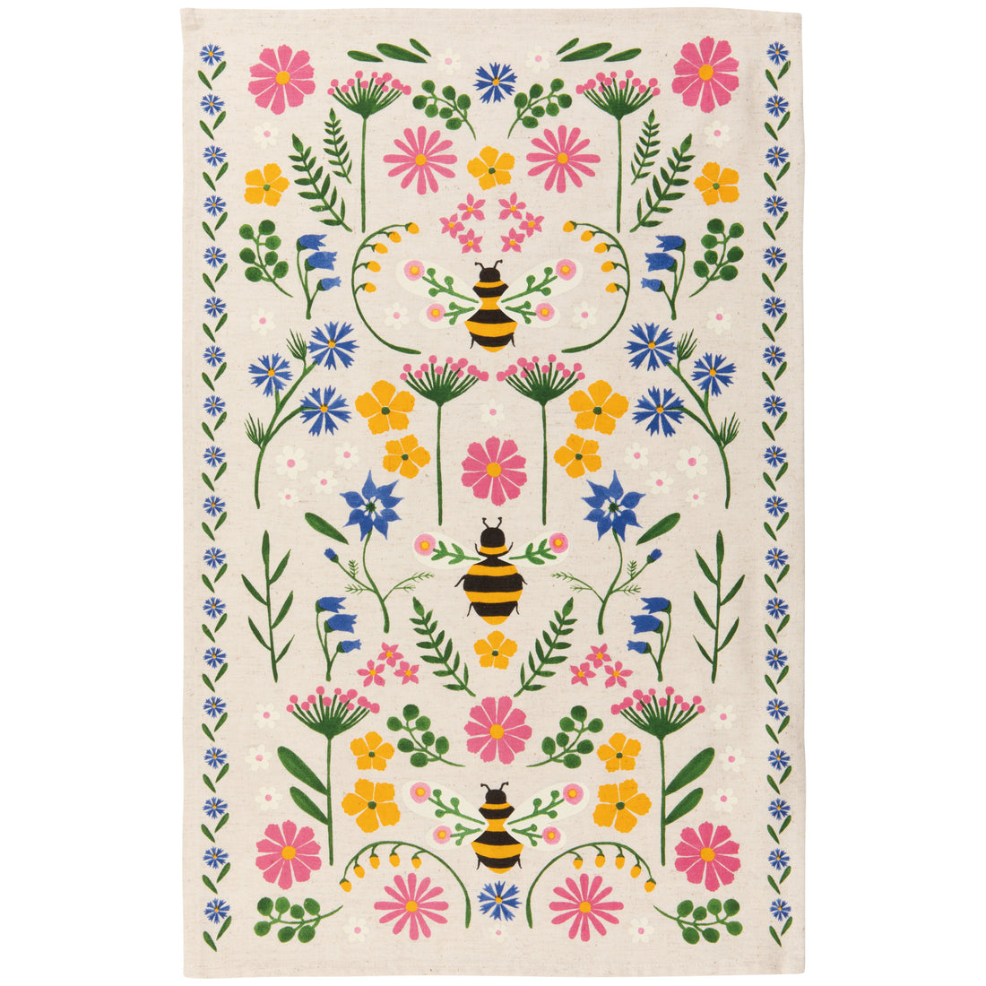 tan towel covered in yellow, blue, and pink flowers, with bees