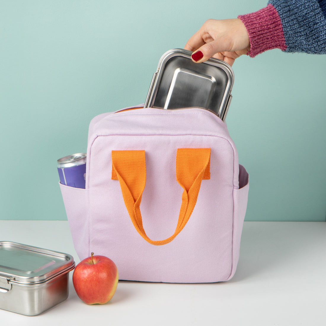 wild orchid lunch tote with lunch items inside