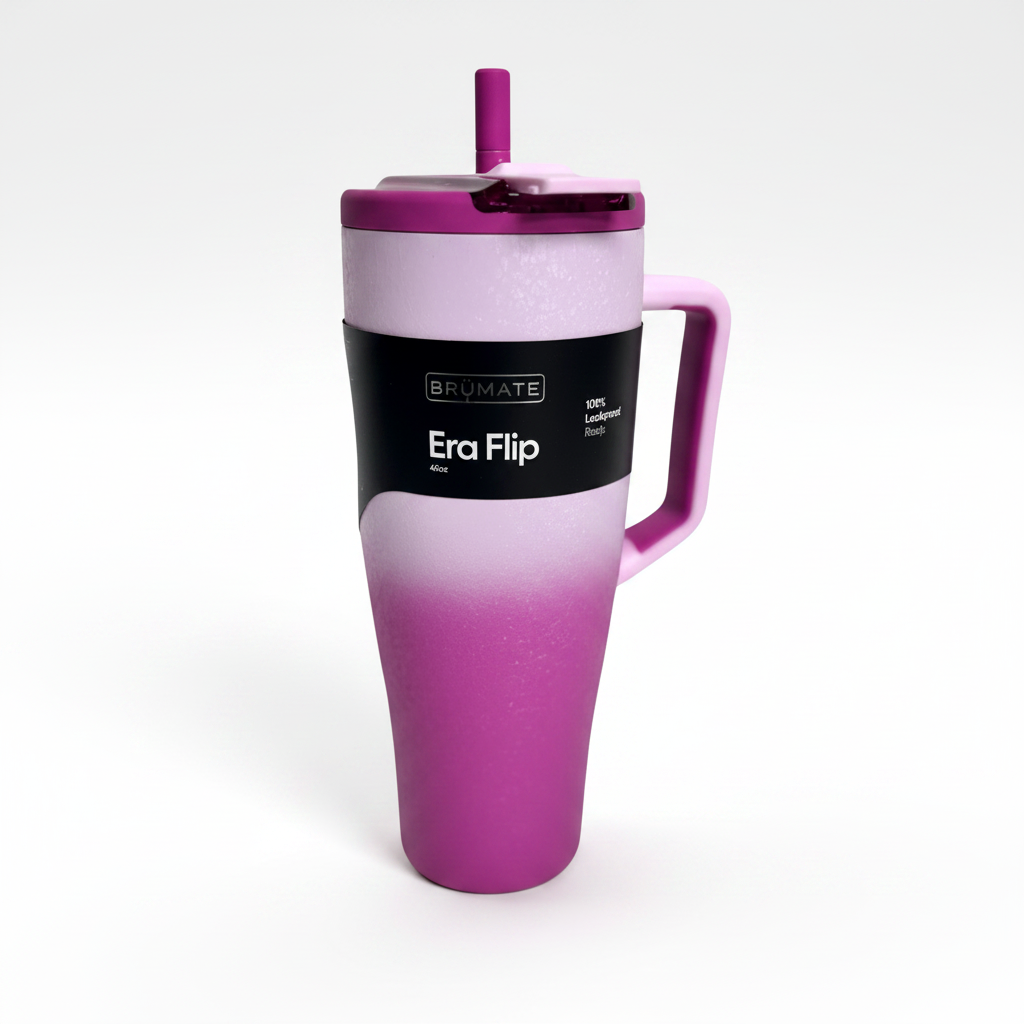 frosted rose insulated tumbler with straw and handle in ombre hues in dark to light rosy purple