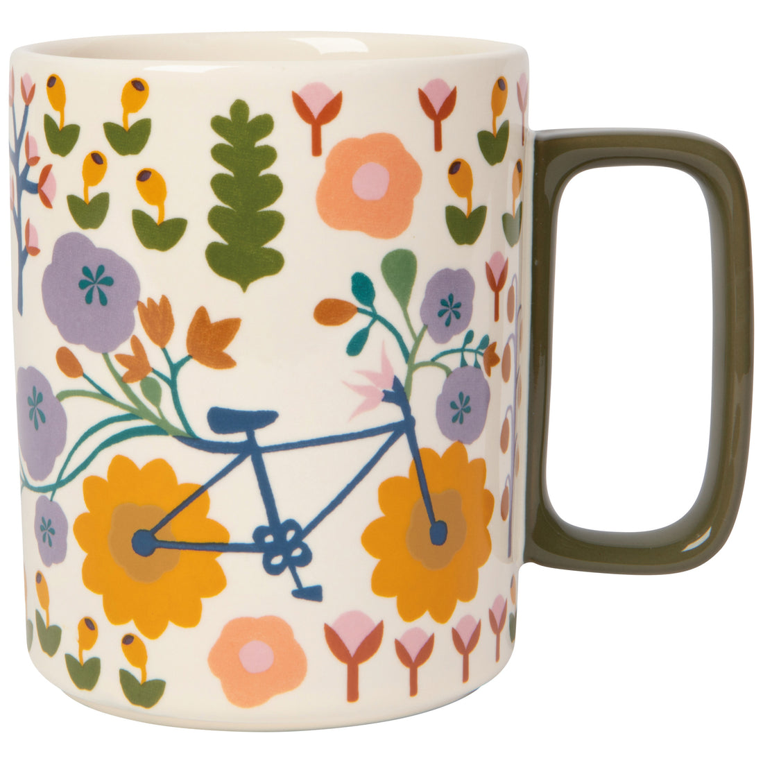 one side of white mug with folksy flowers and a bicycle printed on it