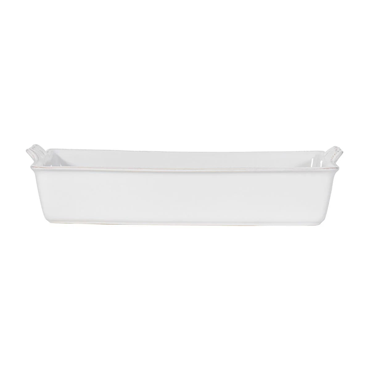 side view of the berry and thread rectangle baking dish on a white background