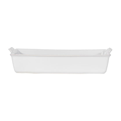 side view of the berry and thread rectangle baking dish on a white background