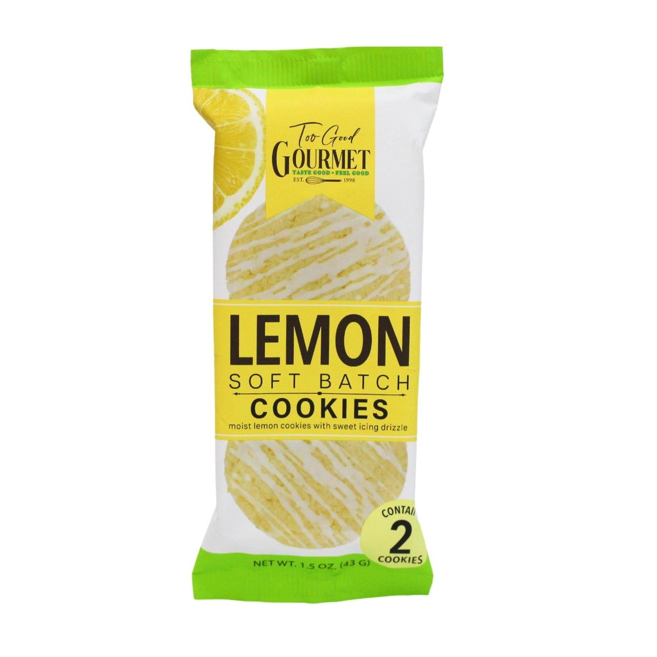 Packaging of lemon soft batch cookies with a lemon graphic on a white background
