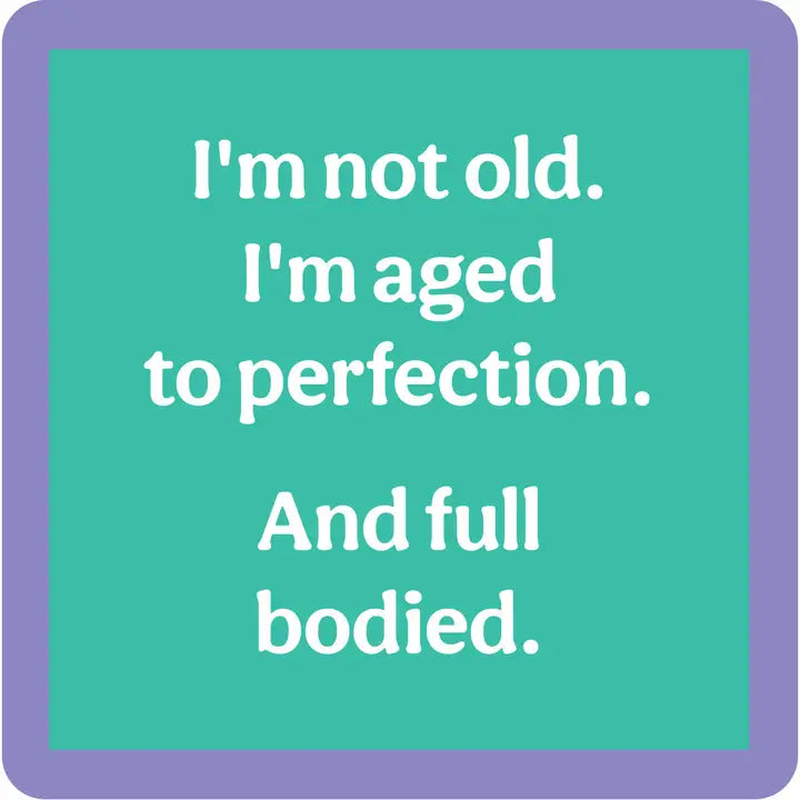 teal coaster with a purple boarder and white text in the middle