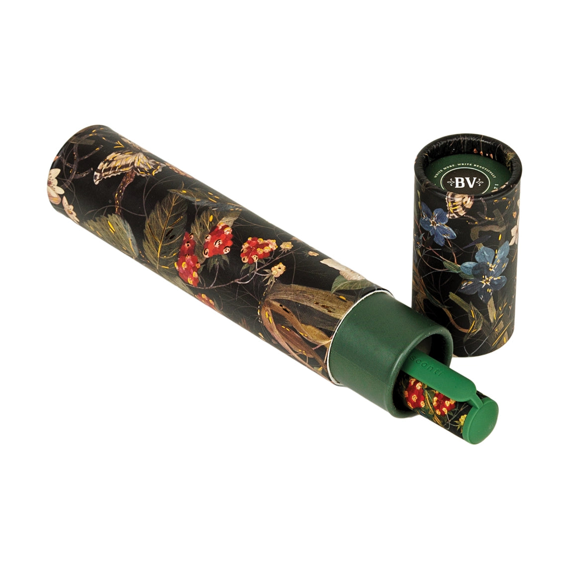 Decorative cylindrical container with floral design and writing pen in it