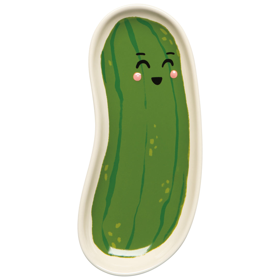 cream dish with a happy, smiling green pickle painted on it