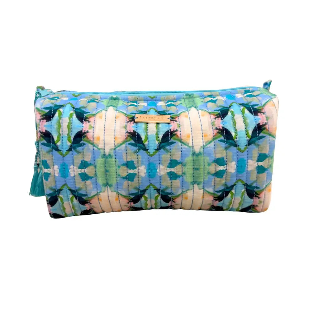 large Cosmetic Bag with blue and green kaleidoscope pattern shown on a white background