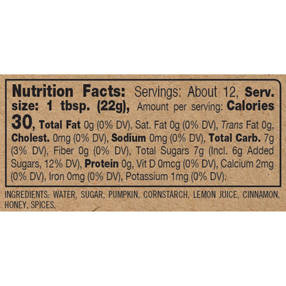 Nutrition facts label for pumpkin honey. call 501-327-2182 for more information