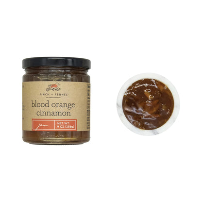 Jar of 'blood orange cinnamon' with a close-up of the product on a white background
