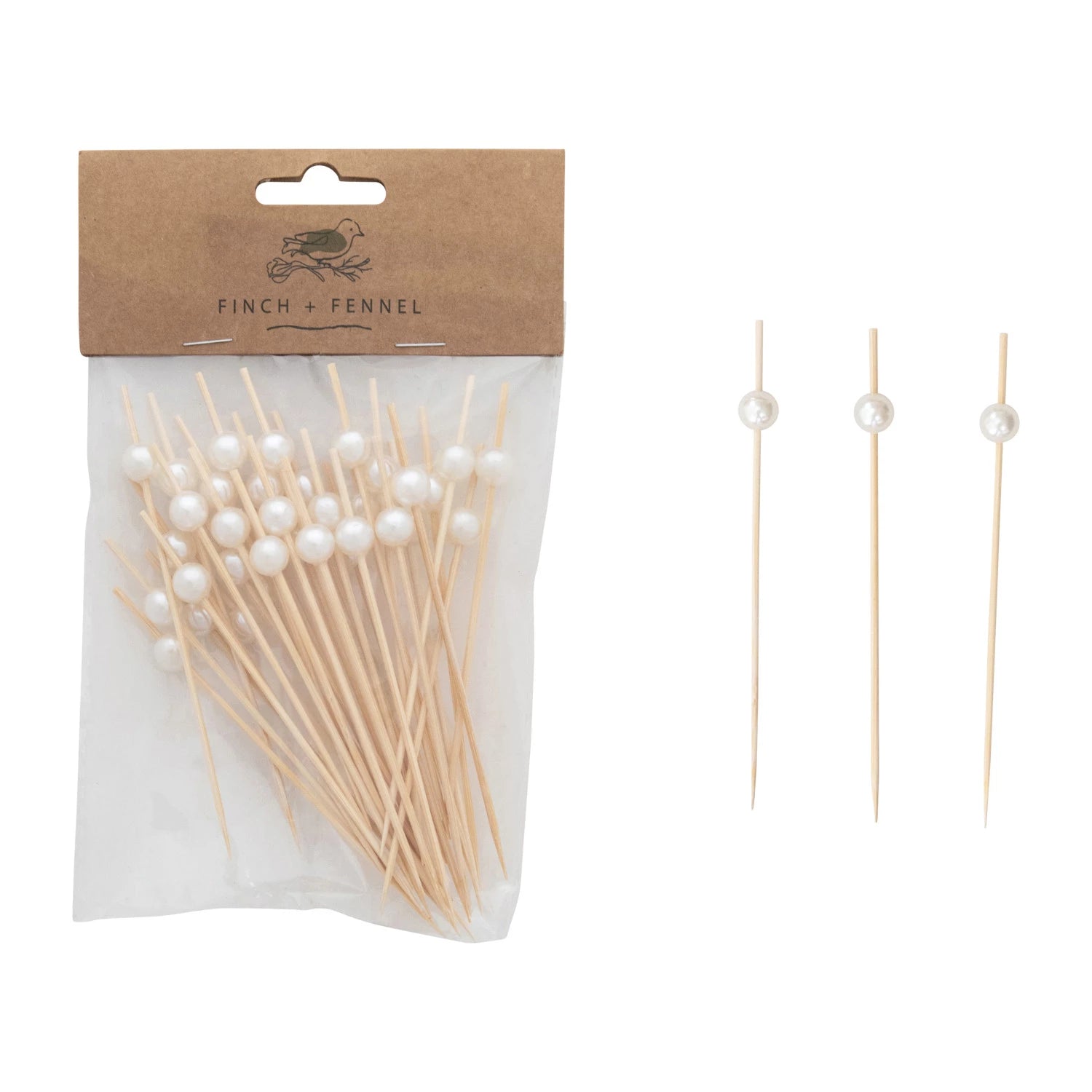 Packaged wooden skewers with pearl beads.