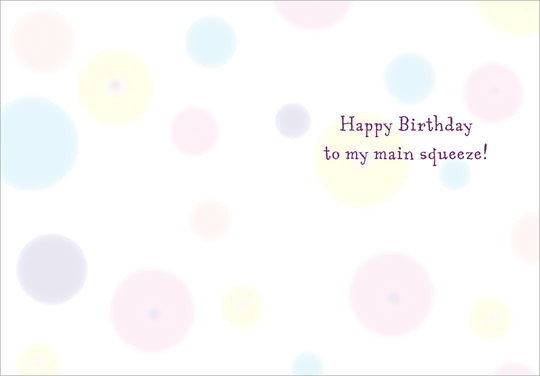 inside view of card has pale blue, pink, and green bubbles all over and purple text listed in the description