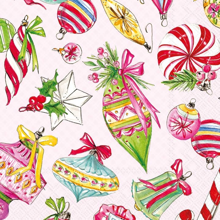 paper napkin with a Colorful Christmas ornament pattern on a pale pink background