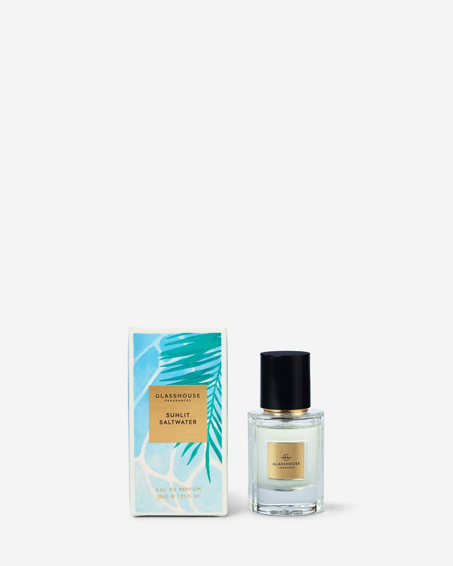 Perfume bottle and packaging with a white background