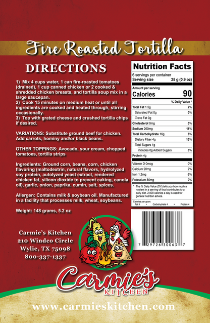 Back of soup package with directions, nutrition facts, and Carmie's Kitchen branding. Call 501-327-2182 for more information.