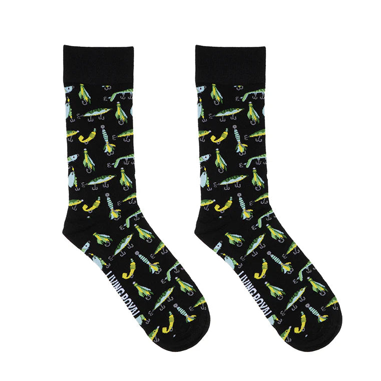 black socks with all over fishing lure design