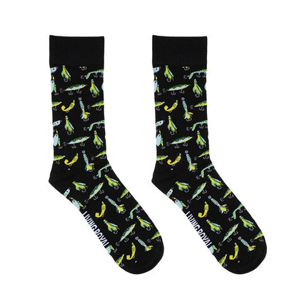 black socks with all over fishing lure design
