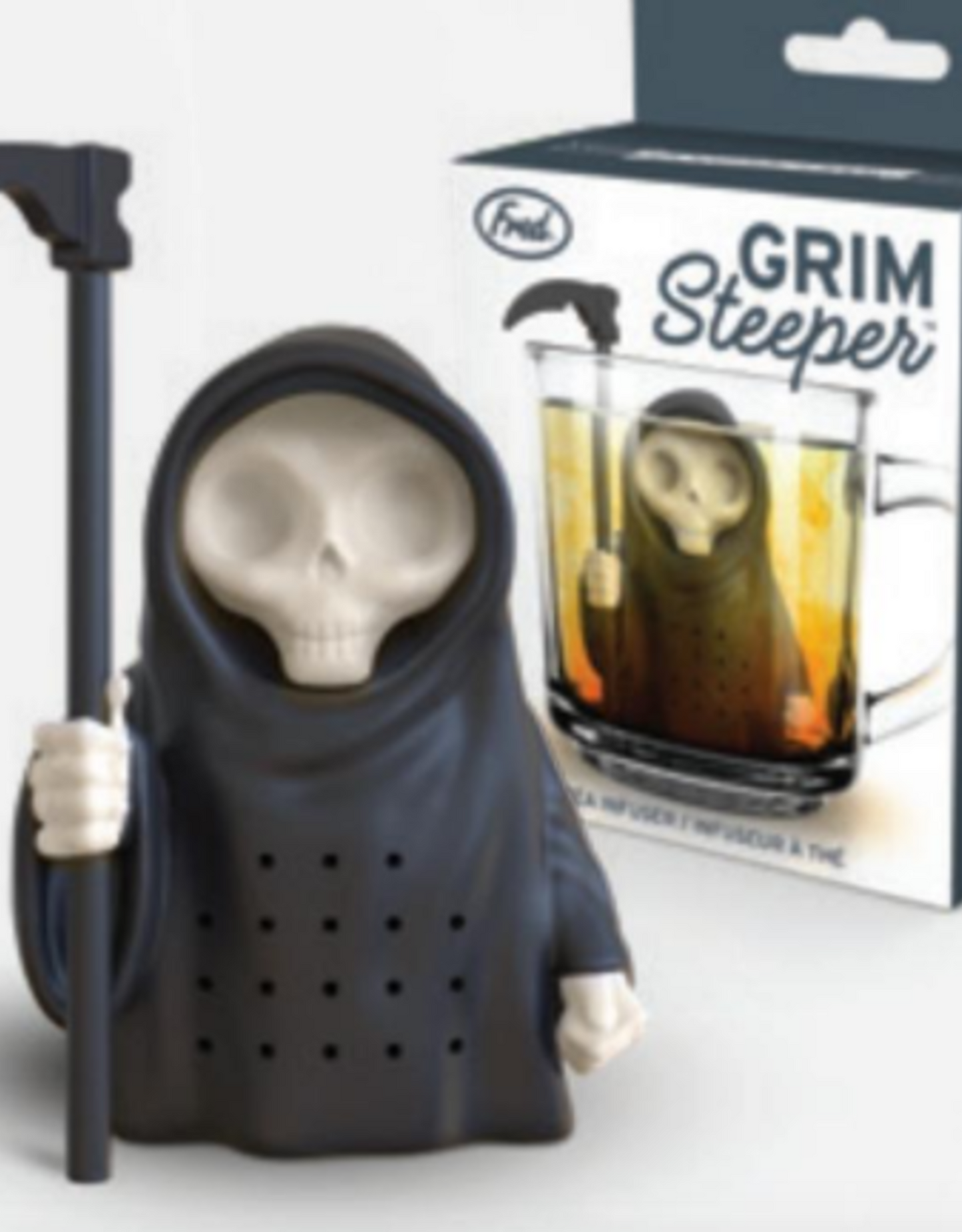 Grim Steeper Tea Infuser set in front of its box packaging.