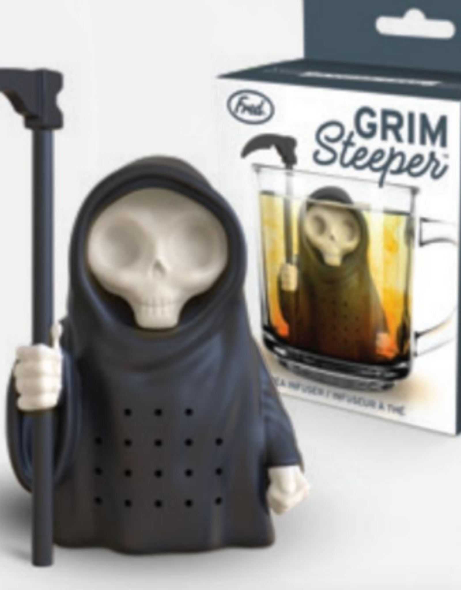 Grim Steeper Tea Infuser set in front of its box packaging.
